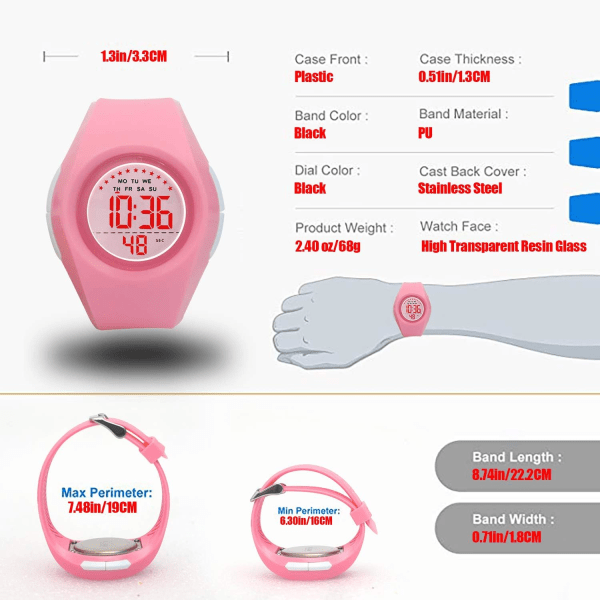 Barneklokke digital sport klokke utendørs vanntett klokke LED alarm stoppeklokke barn armbåndsur, småbarn klokke for alder 3-10 håndledd gutter, jenter (rosa)