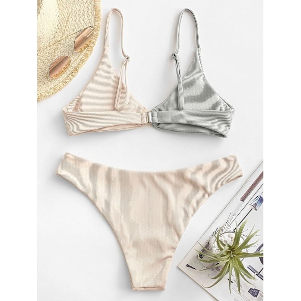 WJSM Dam Ribbad O-Ring String Bikini Badkläder Cheeky Trosa Baddräkt Två Delar Grey-111 XL