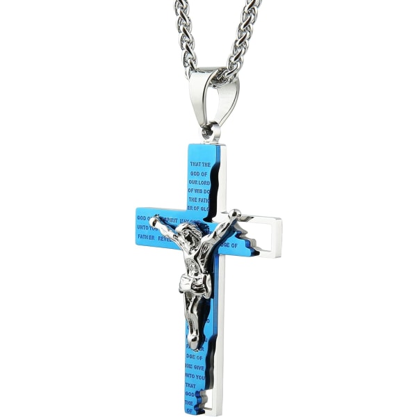 Mænds rustfrit stål korskrucifiks bibelbøn vedhæng halskæde 22+2" kæde Blue