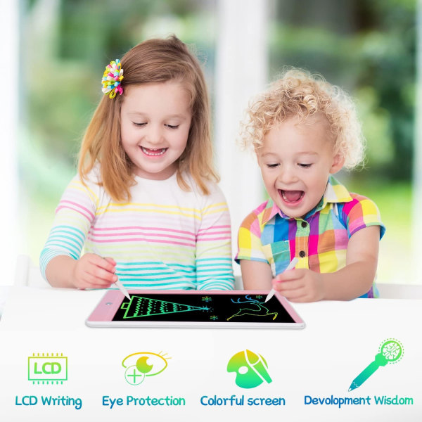 LCD skrivplatta 10,5 tum, raderbar och återanvändbar skrivtavla, färgglad ritplatta, skrivplatta som passar för pojkar och flickor i åldern (rosa vit)