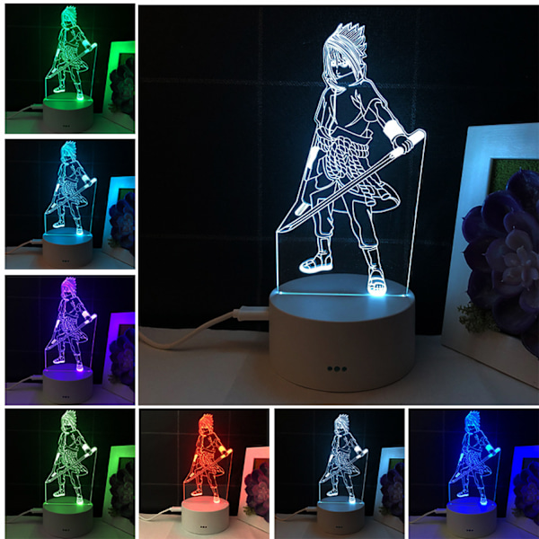 JUSTUP Anime Naruto nattlys 3D illusjonslampe fjernkontroll Sakura barnerom juledekorasjonslys -- Sasuke Uchiha（Hvit/svart sete）
