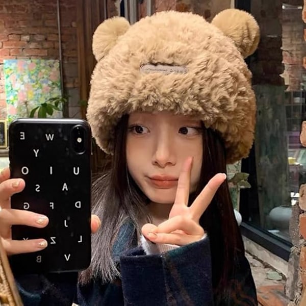 Sööt Karhu Korvien Beanie-Pipo Naiset Tytöt Talvi Lämmin Tekoturkis Neulotu Hattu Bucket Hat