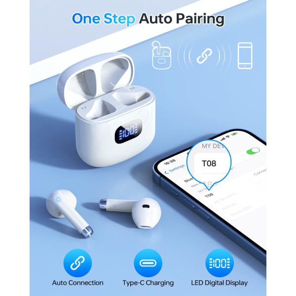 Trådløse ørepropper, Bluetooth 5.3 hodetelefoner 40 timer spilletid med ladeetui, IPX5 vanntett stereo in-ear-hodetelefoner med mikrofon for iPhone og A-White