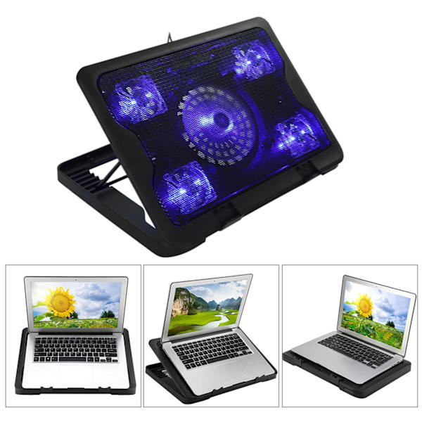 Bärbar, ultraslim, tyst laptop- och notebook-kylplatta, USB-driven, tyst med 5 fläktar och LED