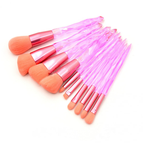 Transparent crystal diamond handle makeup brush set, 10 colorful glass handle fiber hair loose powder eye brush (pink)