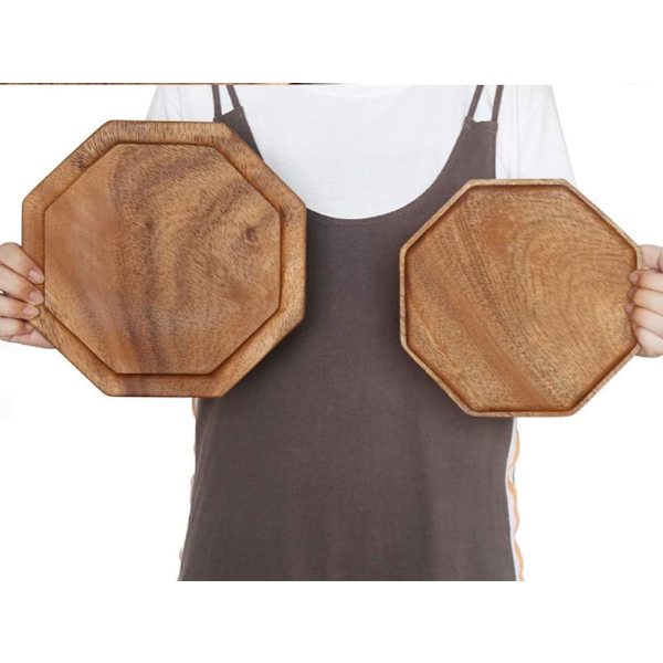 Set med 2 serveringsfat av akaciaträ, serveringsbricka i åttakantig fyrkant, serveringsbricka för bröd, charkuteribricka för fruktsallad, ostbricka, grönsaksfat Acacia Wood