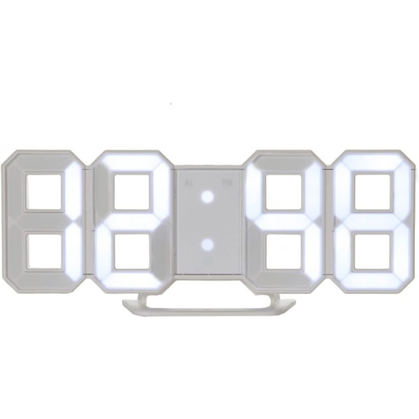 Minimalistisk LED-klocka med 3 justerbara ljusstyrkor och AC/DC- power - Digital LED-bordsklocka | Väggklocka | Väckarklocka - Vit