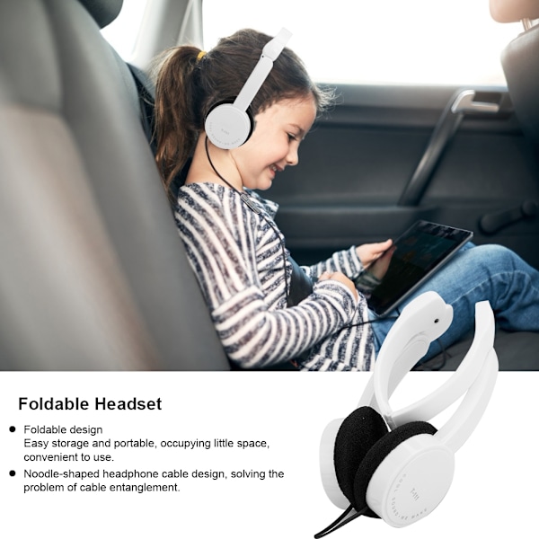 Foldbar kablet stereo headset for barn med mikrofon for smarttelefon nettbrett hvit