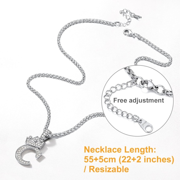 Krone Initial A-Z Halskjede, Iced Out Bokstavanheng med 22-24 Tommers Kjede, Menn Kvinner Bling Hip Hop Alfabet Navn Smykker Gave Store Initialer Halskjeder C Silver
