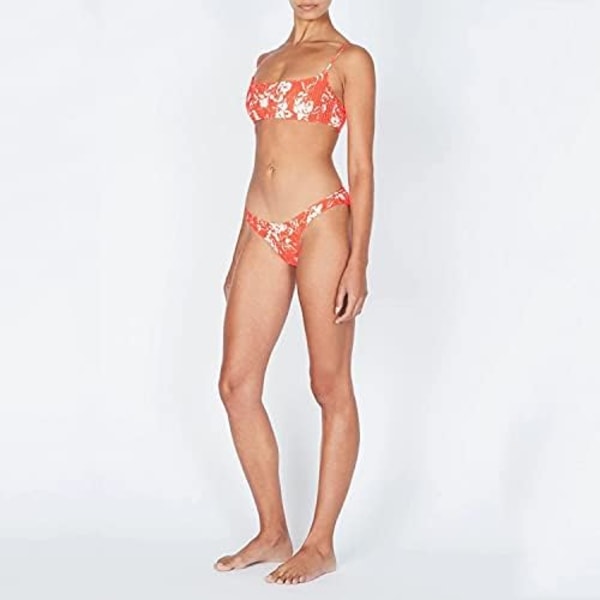 WJSM Damtriangel Bikini Smokad Texturerad Scoop Volang Tryckt Ruchad Elastisk Baddräkt Tvådelad Baddräkt Red M