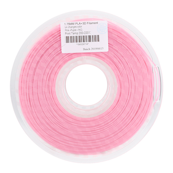 PLA 1,75 mm filament til 3D-printer, der skifter farve i ultraviolet lys, fra pink til lilla