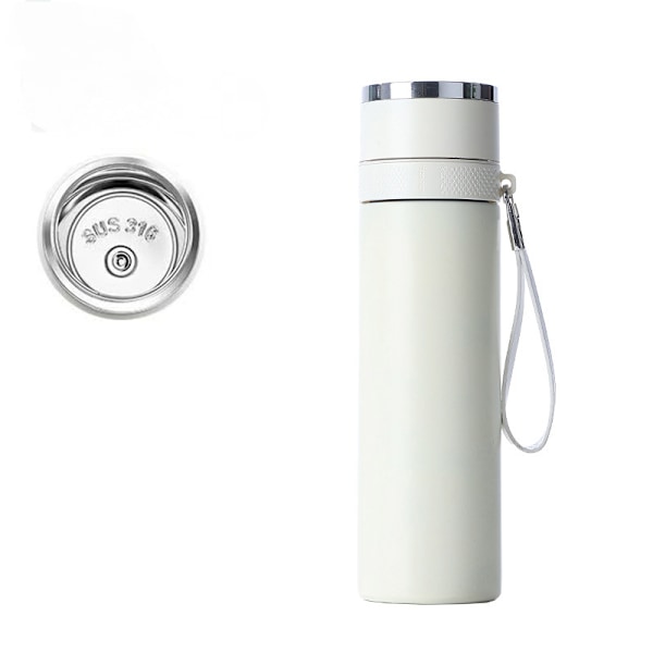 Hurtigåpnende termoskopp i rustfritt stål med te-separasjon, lokk med én knapp, kopp med te-separasjon Beige With lanyard 600ml