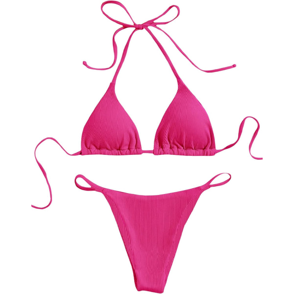 WJSM Dame Halterneck Binde Side Trekant Bikini Sæt Høj Skæring 2 Del Bikini Badetøj Hot Pink Solid M