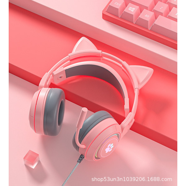 Glowing Cat Ears Wired Computer PS4 Gaming Headset Pink Gaming Headset - USB Wired Kitten Headphones for PC/MAC/PS4/PS5 med Surround Sound Noise Ca