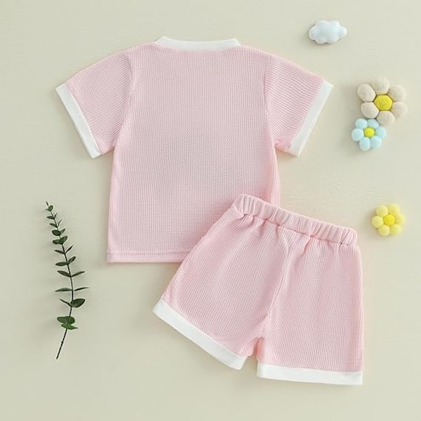 Småbørn Baby Pige Sommer Tøj Vaffel 3D Blomster Kortærmede Toppe Elastiske Talje Shorts Søde Spædbarns Sæt pink 2-3Y