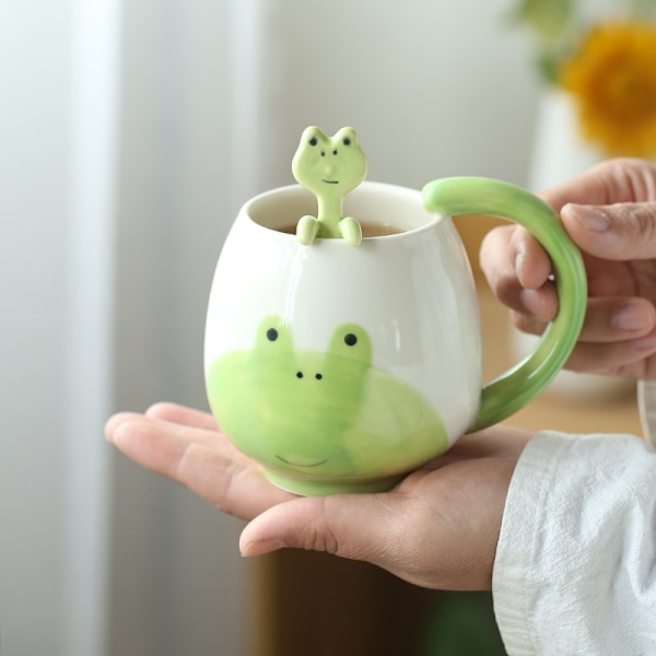 Söt Kaffekopp Groda Djur Keramik Kaffekopp med Sked Rolig Mugg Nyhet Kopp, Keramik Mugg Present