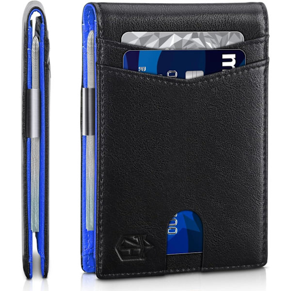 Slank tegnebog til mænd Gaver 12 kortspor ID-vindue med pengeseddelklemme Minimalistisk RFID Frontlomme Bifold Læder Lille tynd gaveæske Far fødselsdag Chris Classic Black and Blue
