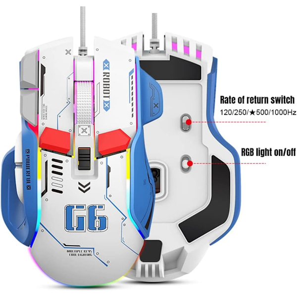 Ergonomisk Spelmus - Anpassningsbar, Bekväm och Precisionsdriven, Trådad RGB-Spelmus med 10 Programmerbara Knappar White