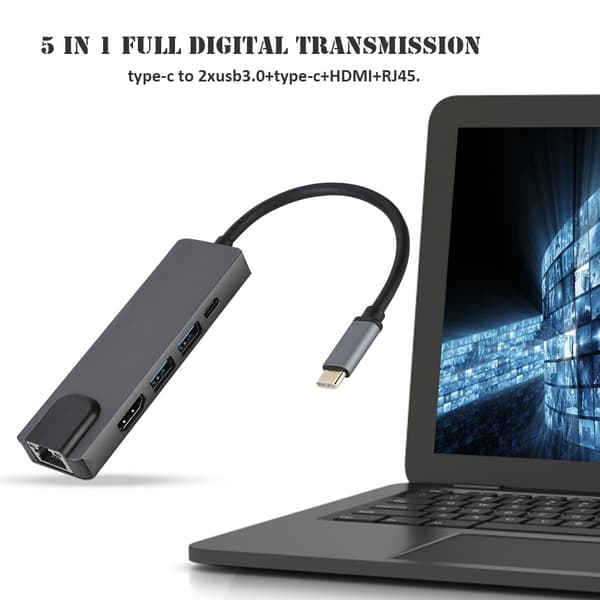 1 stk Multifunksjonell 5 i 1 Type-c til HDMI+RJ45+USB3.0*2 Konverter USB Hub Adapter