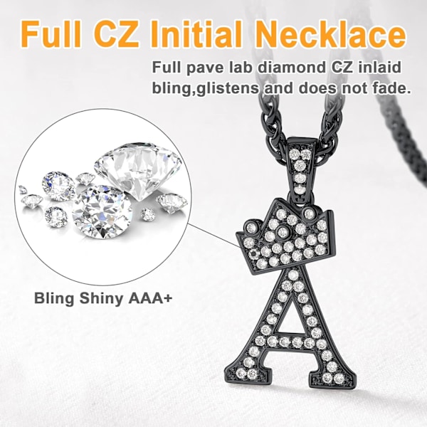 Krona Initial A-Z Halsband, Iced Out Letter Hänge med 22-24 Tums Kedja, Män Kvinnor Bling Hip Hop Alfabet Namn Smycken Present Stora Initialer Halsband A Black