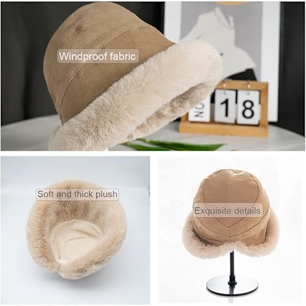 Plush Fuzzy Bucket Hat för Kvinnor Varm Fluffig Konstgjord Päls Fiskehatt Vinter Skid Utomhus Vindtät Varm Fleecefodrad Hatt Beige