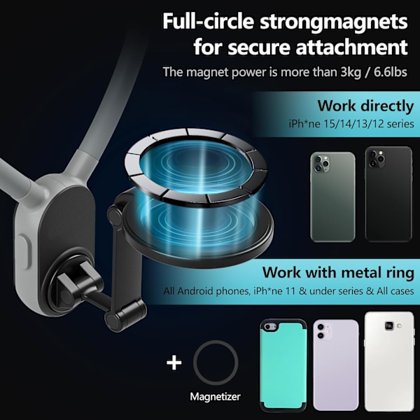 Magnetisk mobiltelefonhållare för nacke, POV/Vlog selfie-fäste för nacke, handsfree mobiltelefonhållare för bröstkorg, videobandspelning för iPhone Grey