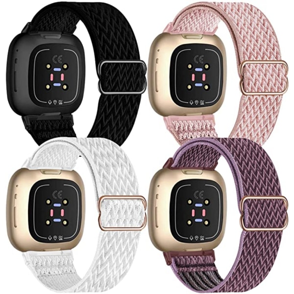 4-delt elastisk nylonrem kompatibel med Fitbit versa 3 / Fitbit sense, justerbar elastisk stof smart watch sportsrem（Sort/Rose Pink/Hvid/