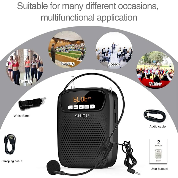 S278 15W Lettvekt Bærbar Oppladbar Mini Stemmeforsterker med Hodetelefonmikrofon Støtter Bluetooth/Opptak/FM-radio/MP3 for Lærere