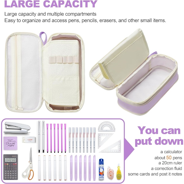 Penneveske Søt Pennal for Jenter Stor Kapasitet Penn Bag Box, Kawaii Estetisk College Skoleutstyr for Student Tenåringer Voksne P purple