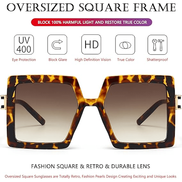 Oversized solbriller for kvinner, firkantet mote, store rammer, solbriller med UV400-beskyttelse Leopard/Brown Gradient