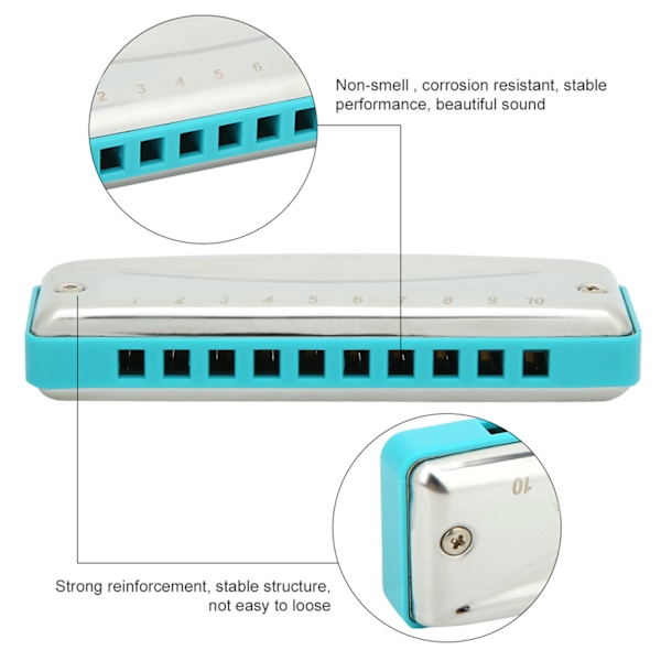 Blues Harmonica 10-hulls munnspill E-nøkkel blåseinstrument vanntett korrosjonsbestandig (Blue )