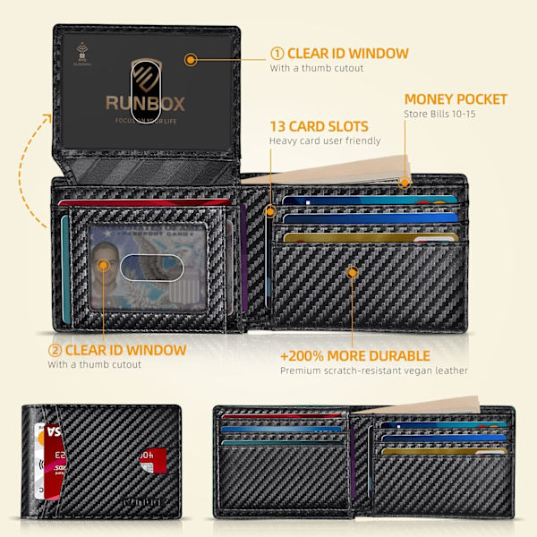 Plånböcker för män 15 kortfodral Slim Rfid Läder 2 ID-fönster med presentförpackning Herrtillbehör Carbon Black-15 slots