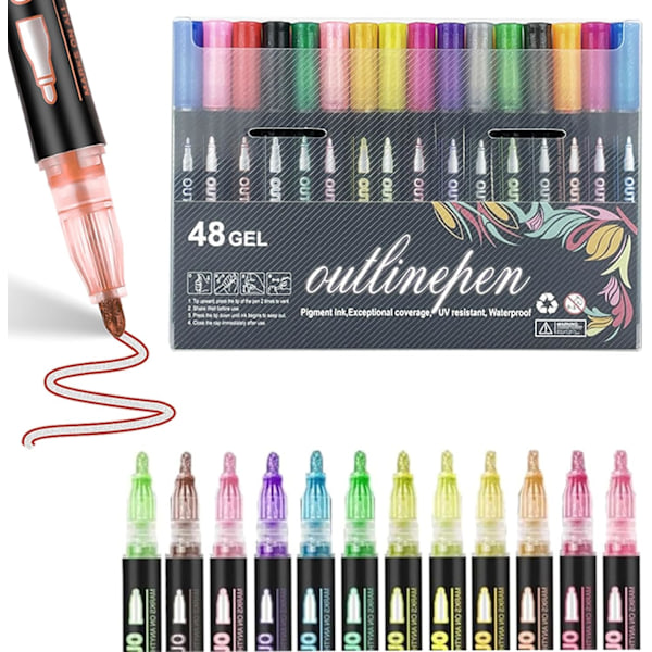 Farvelægning Lightstick Graffiti Tusser, Dobbelte Linje Overstregningstusser, Shimmer Outline Markører - Selv-Outline Metallisk 48 colors