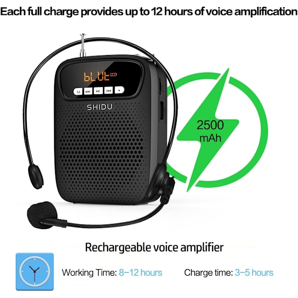 S278 15W Lettvekt Bærbar Oppladbar Mini Stemmeforsterker med Hodetelefonmikrofon Støtter Bluetooth/Opptak/FM-radio/MP3 for Lærere