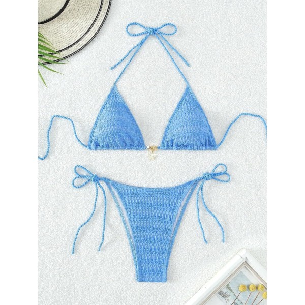 WJSM Dame Halterneck Tie Side Triangle Bikinisett Høy Skjæring 2 Delers Bikini Badetøy Blue Color L