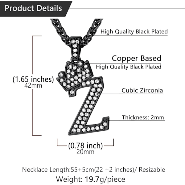 Krone Initial A-Z Halskjede, Iced Out Bokstavanheng med 22-24 Tommers Kjede, Menn Kvinner Bling Hip Hop Alfabet Navn Smykker Gave Store Initialer Halskjeder Z Black