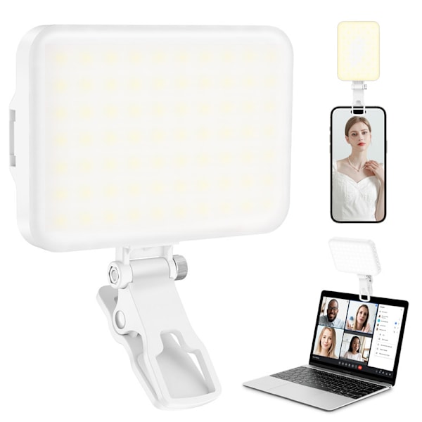 Selfie Lys, 60 LED Telefonlys, Lys 2000Mah Genopladelig Clip Video Lys, 10-Niveaus Lysstyrkejustering, CRI 95+, 3 Lys Tilstande white
