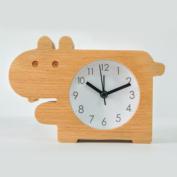 Wood Alarm Clock Animal Pattern Table Clock Non-Ticking Mute Beech Desktop Clock for Kids Children