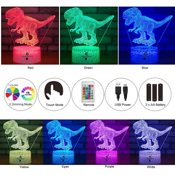 Dinosaur Leke 3D Nattlys med Fjernkontroll & Smart Berøring 7 Farger + 16 Farger Skiftende Dimbar TRex Leke 1 2 3 4 5 6 7 8 År Gammel Gutt eller Jente Gave