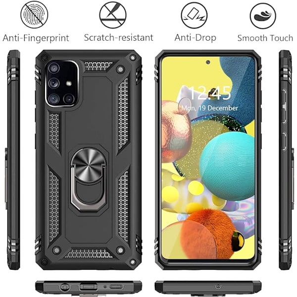 Samsung Galaxy A51 -puhelimen suojakuori, sotilasluokan iskunkestävä suojakotelo, 15 jalan pudotustestisuojakotelo, magneettisella tuella ja ajoneuvolla