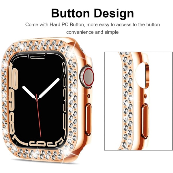 Luksuriøst krystallrhinestone stivt PC-rammedeksel for Apple Watch Series 7 45mm - All-Around Bumper-deksel (Rose Gold)