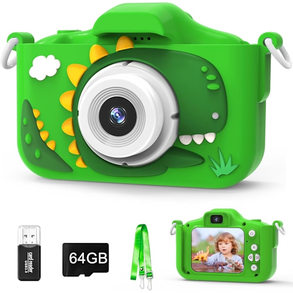 Lasten kamera, kamera lapsille 64 Gt:n kortilla, 48 MP, 1080P HD, lasten kamera taaperoille tytöille pojille lapsille Green