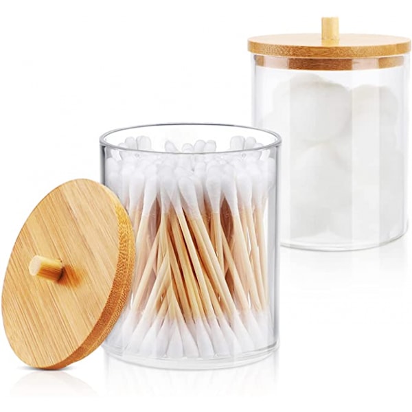 2-pack akryl Q-tips hållare dispenser badrum burk med bambu lock bomull boll pad rund bomullstuss hållare för badrumstillbehör förvaring organisera