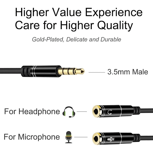 Lydkontakt-adapterkabel, lydsplitterkabel, lydkontaktkabel 3,5 mm hann til dobbel 3,5 mm hunn mikrofon Y-splitterkabel (0,35 m)