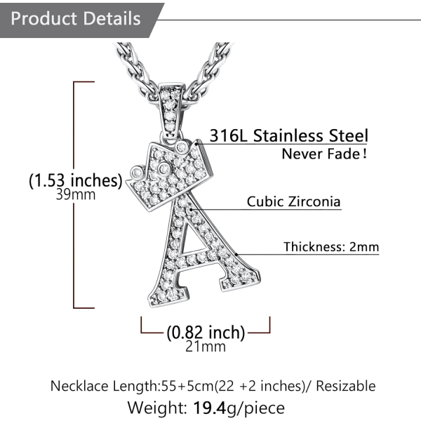 Krone Initial A-Z Halskjede, Iced Out Bokstavanheng med 22-24 Tommers Kjede, Menn Kvinner Bling Hip Hop Alfabet Navn Smykker Gave Store Initialer Halskjeder A Silver