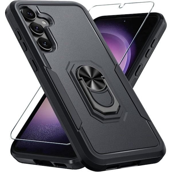 Samsung GaIaxy S24+plus Cover med Skærmbeskytter Hærdet Glas, Kraftig Stødsikker Fuld Krops Telefon Cover Indbygget Metal Ring Ho Black Matte