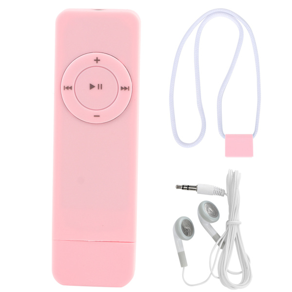 MP3-musiikkisoitin, kannettava musiikkimedia MP3-soitin, jossa kuulokkeet musiikin kuunteluun, vaaleanpunainen