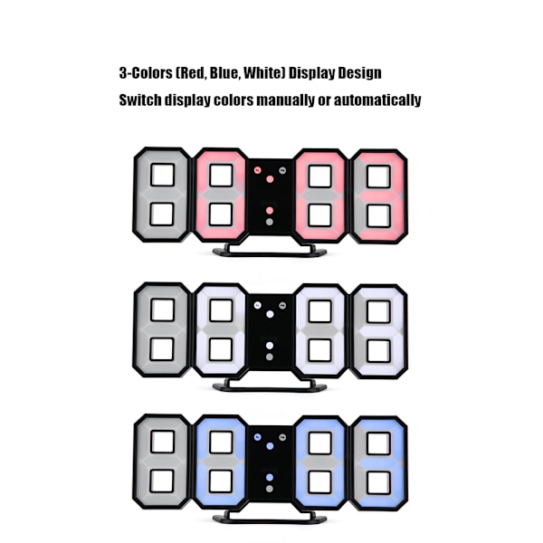 3D LED Digital Væg Alarmur med 3 Lysstyrkeniveauer Snooze-funktion 12/24H Display 3-farver