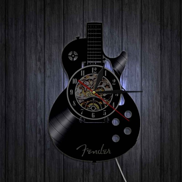 12-tums vinyl väggklocka med lampa vardagsrum studie retro gitarr cd skivväggklocka ljudlös anpassad klocka