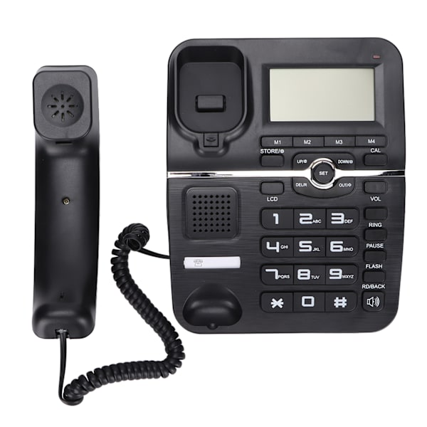 Sladdad fasttelefon med nummerpresentatör, handsfree, 4 snabbval, skrivbordsapparat med LCD-skärm för hem, hotell, svart